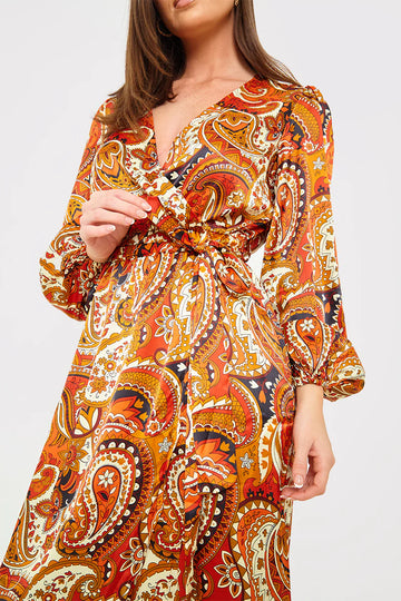 Plunge Balloon Sleeve Belted Midi Dress